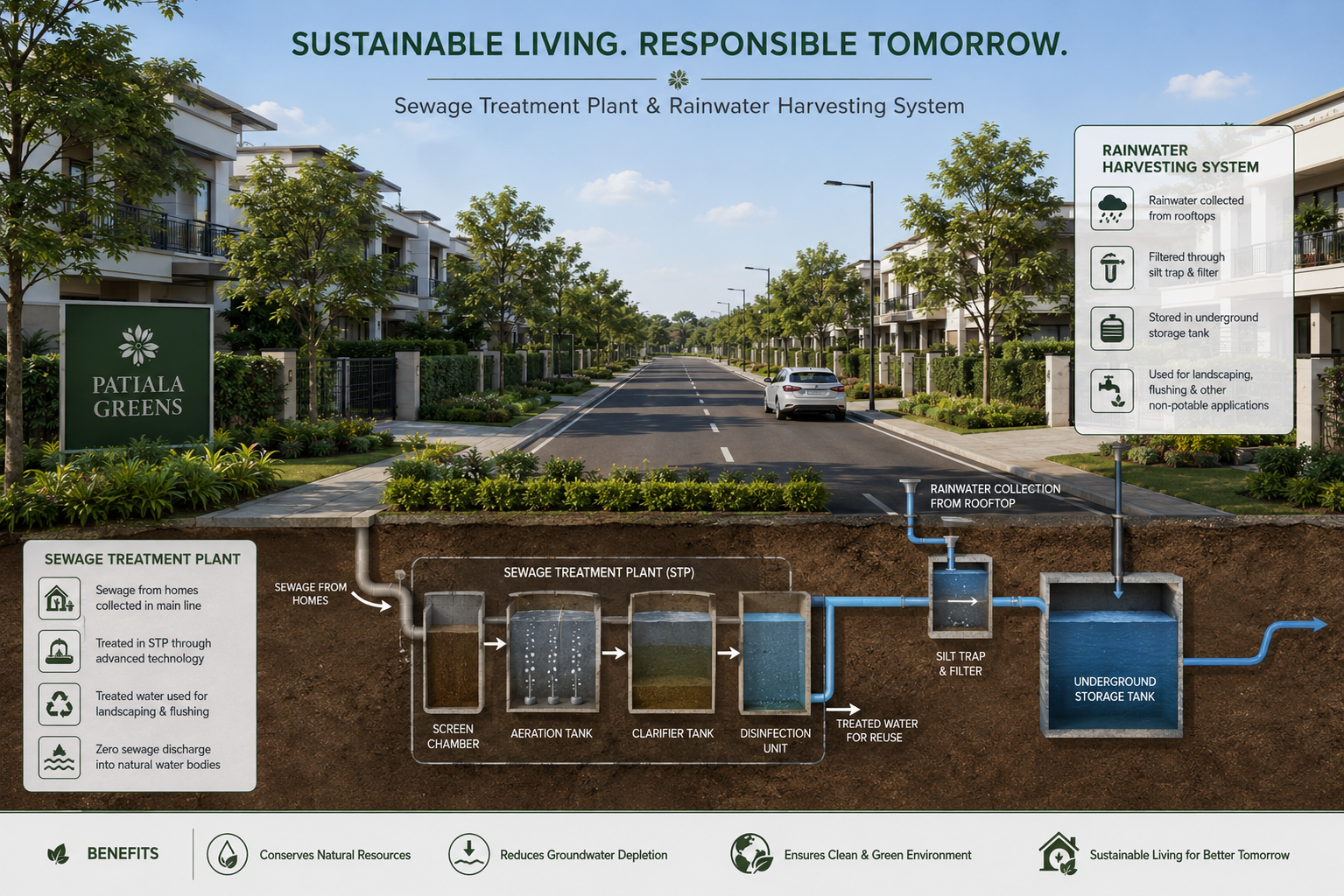 Built-in rainwater harvesting and sewage system at Patiala Greens